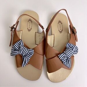 Joyfolie | Striped Bow Criss Cross Sandal Brown With Navy White Bow | Girls 3